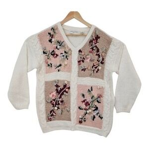 Vintage Cottagecore Sweater M Handknit Floral Embroidered Bobble Knit Grannycore